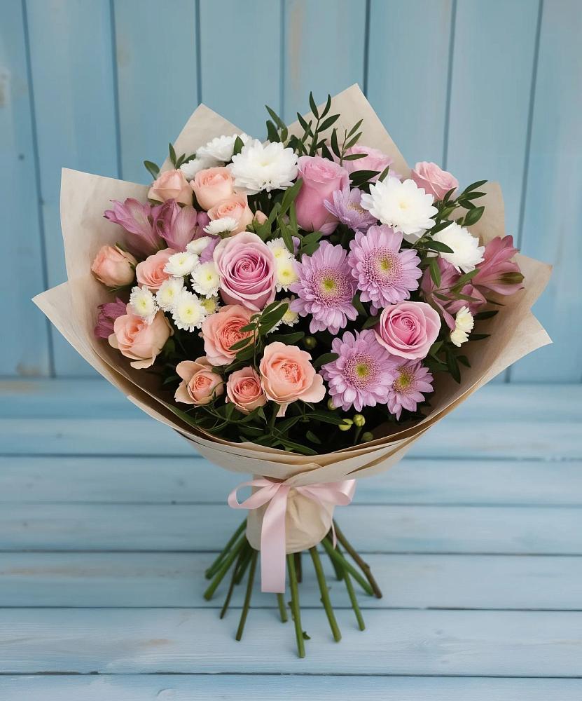 Букет цветов из: Хризантемы, Розы и Альстромерии в Опарино