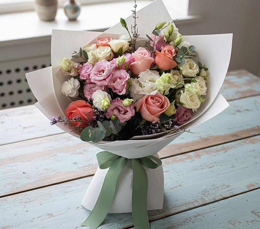 Букет цветов из: Розы, Лизиантусы и Гвоздики в Опарино