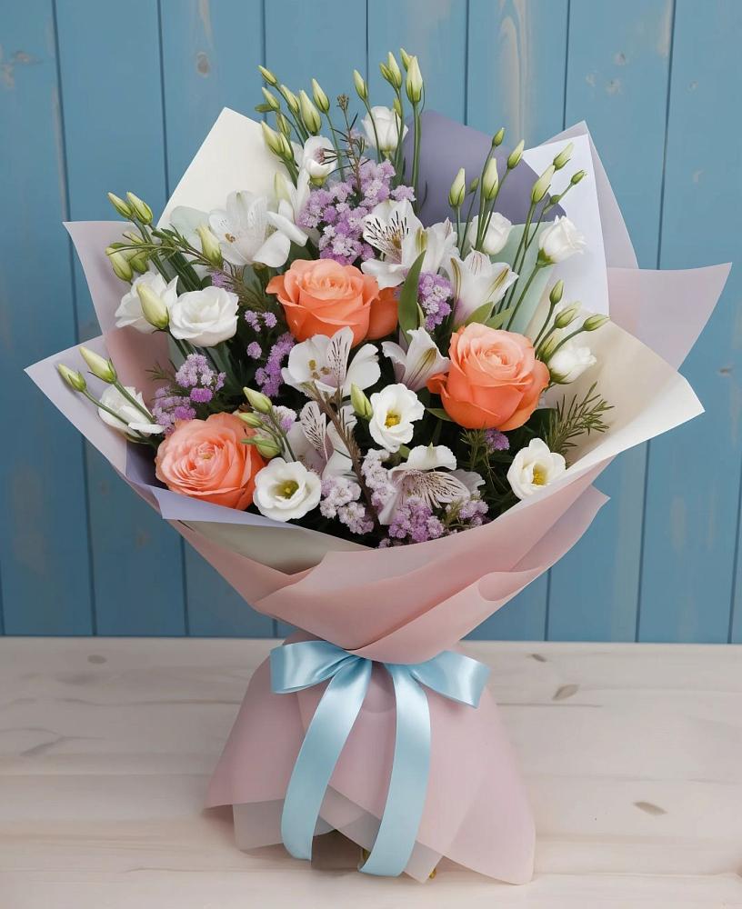 Букет цветов из: Лизиантусы, Розы, Альстромерии и Гипсофила в Опарино