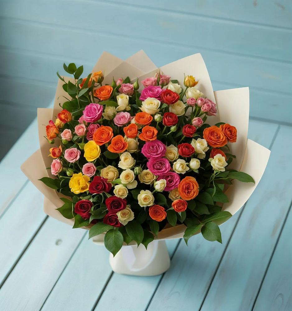 Букет Микс из разноцветных кустовых роз в Опарино